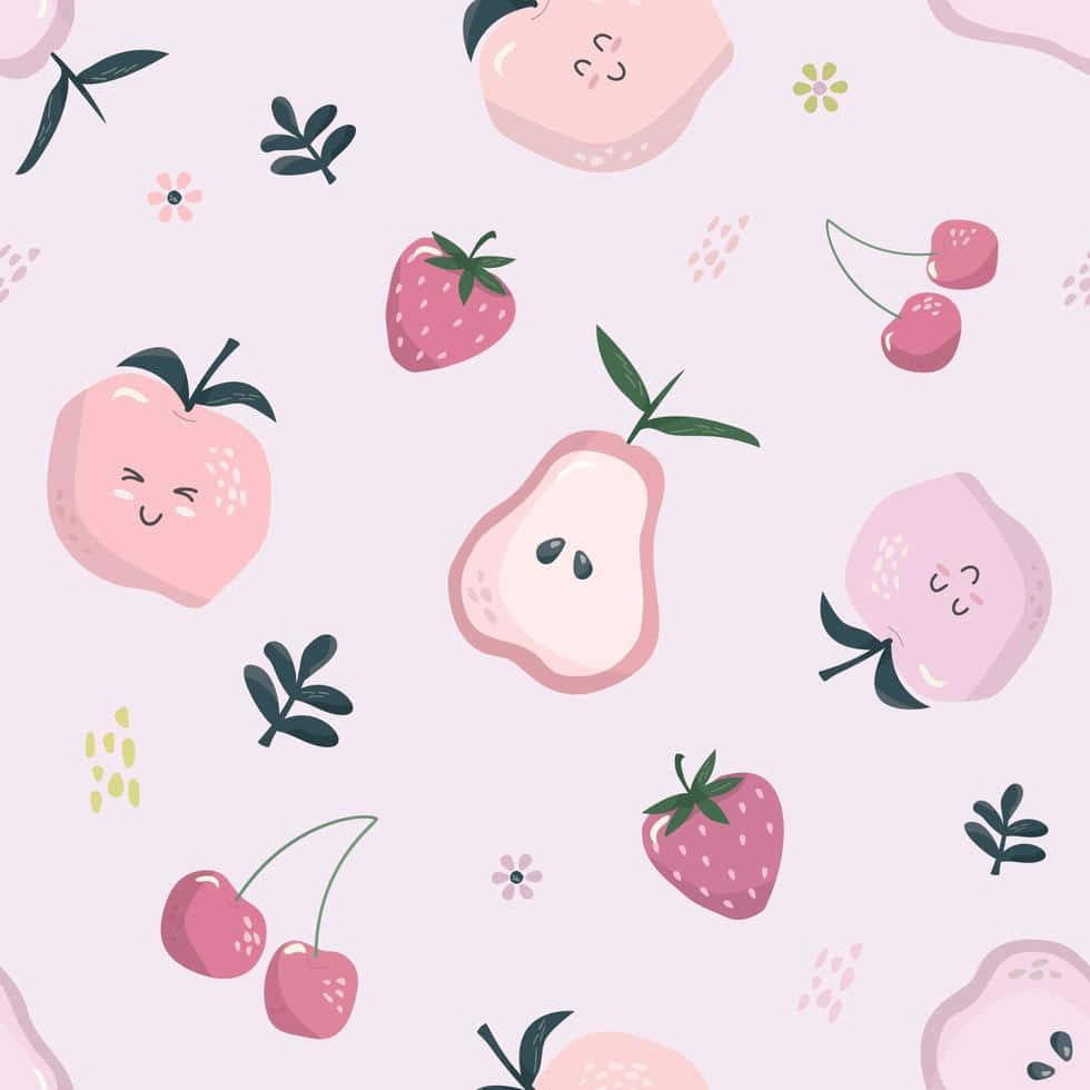 A Pink And White Seamless Pattern With Fruit And Flowers