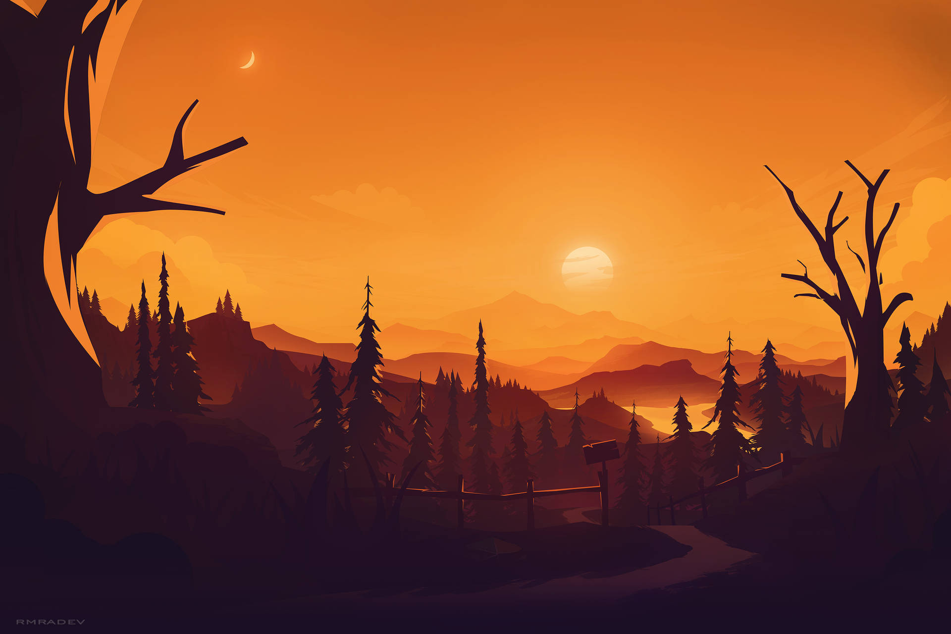 a sunset scene with trees and a path Wallpaper