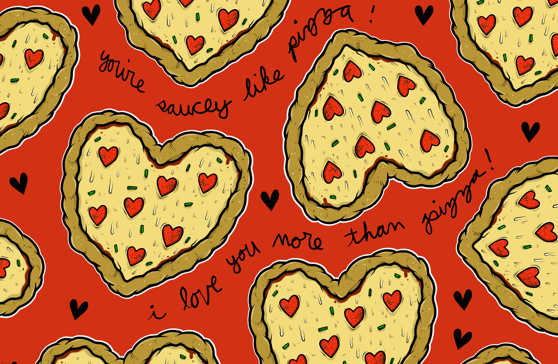 A Red Background With Pizza Slices In The Shape Of Hearts Wallpaper