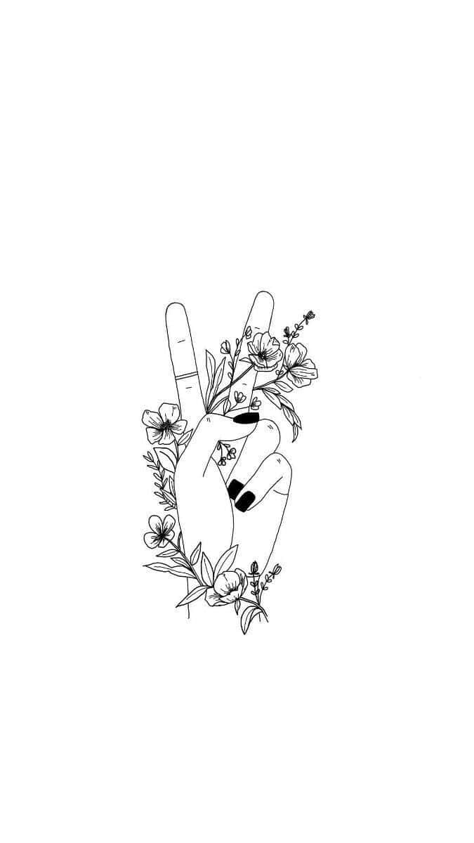A Black And White Drawing Of A Hand With Flowers