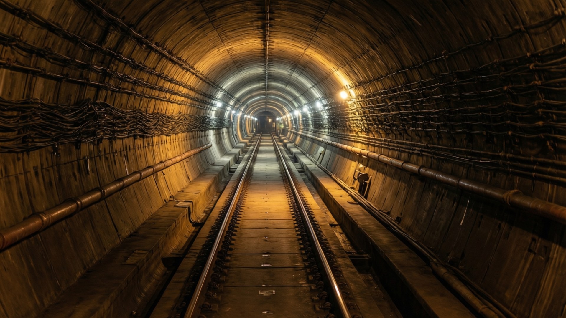 Tittar genom en tunnelbanetunnel mot en upplyst plattform i fjärran.