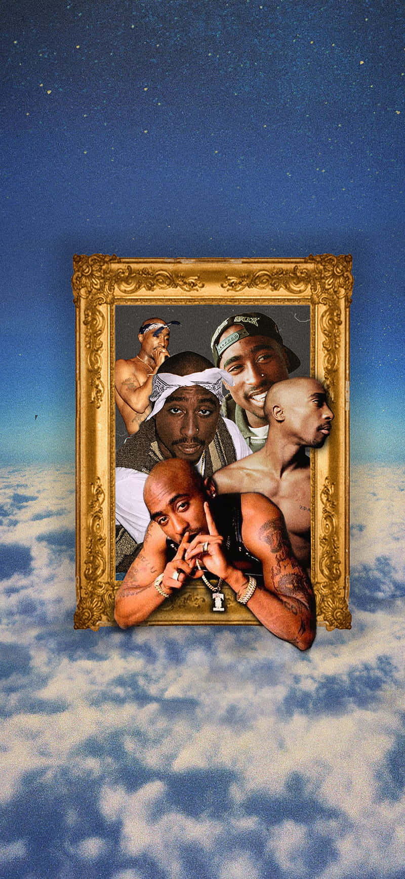 Tupac Shakur Collage In Wolken Achtergrond