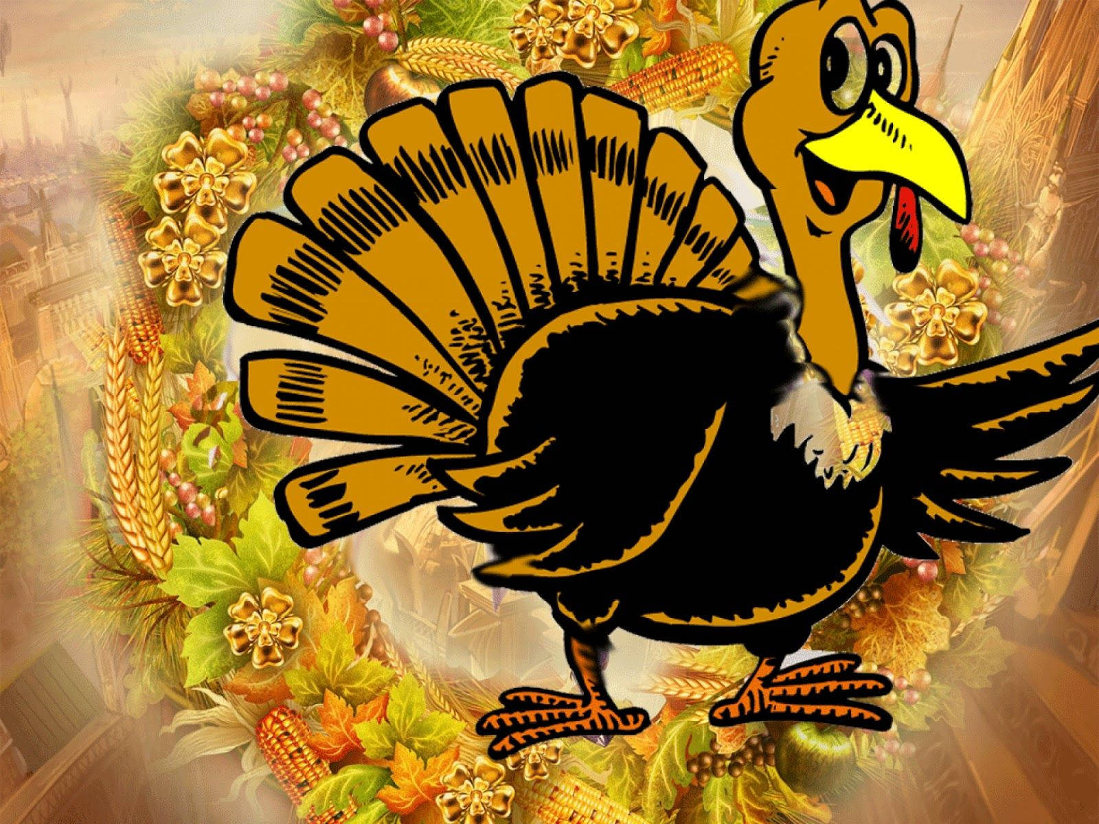 A Cartoon Turkey Is Standing In A Wreath Of Leaves Wallpaper
