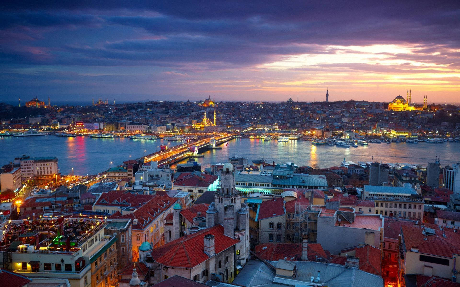 Istanbul skyline at night over the Bosphorus Wallpaper
