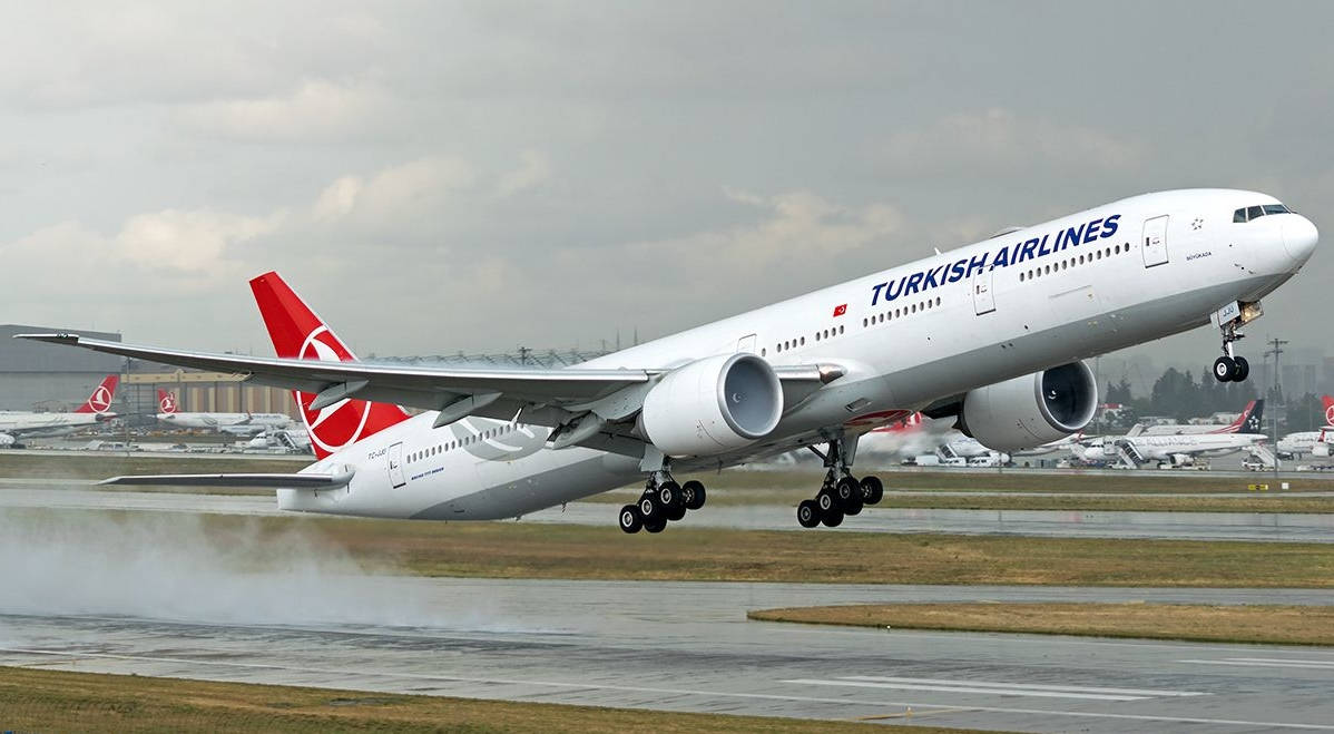 Boeing 777-3F2ER from Turkish Airlines in Take-off Wallpaper