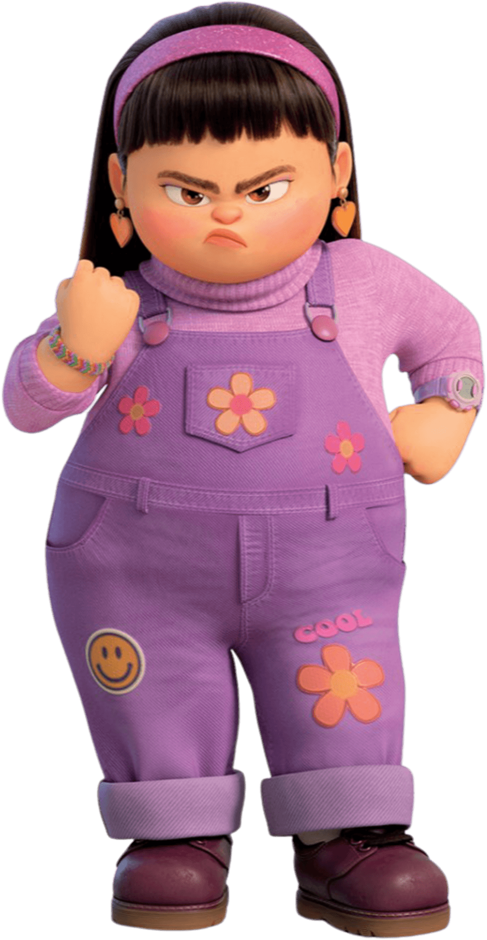 Download A Girl In Purple Overalls Is Pointing Her Finger | Wallpapers.com