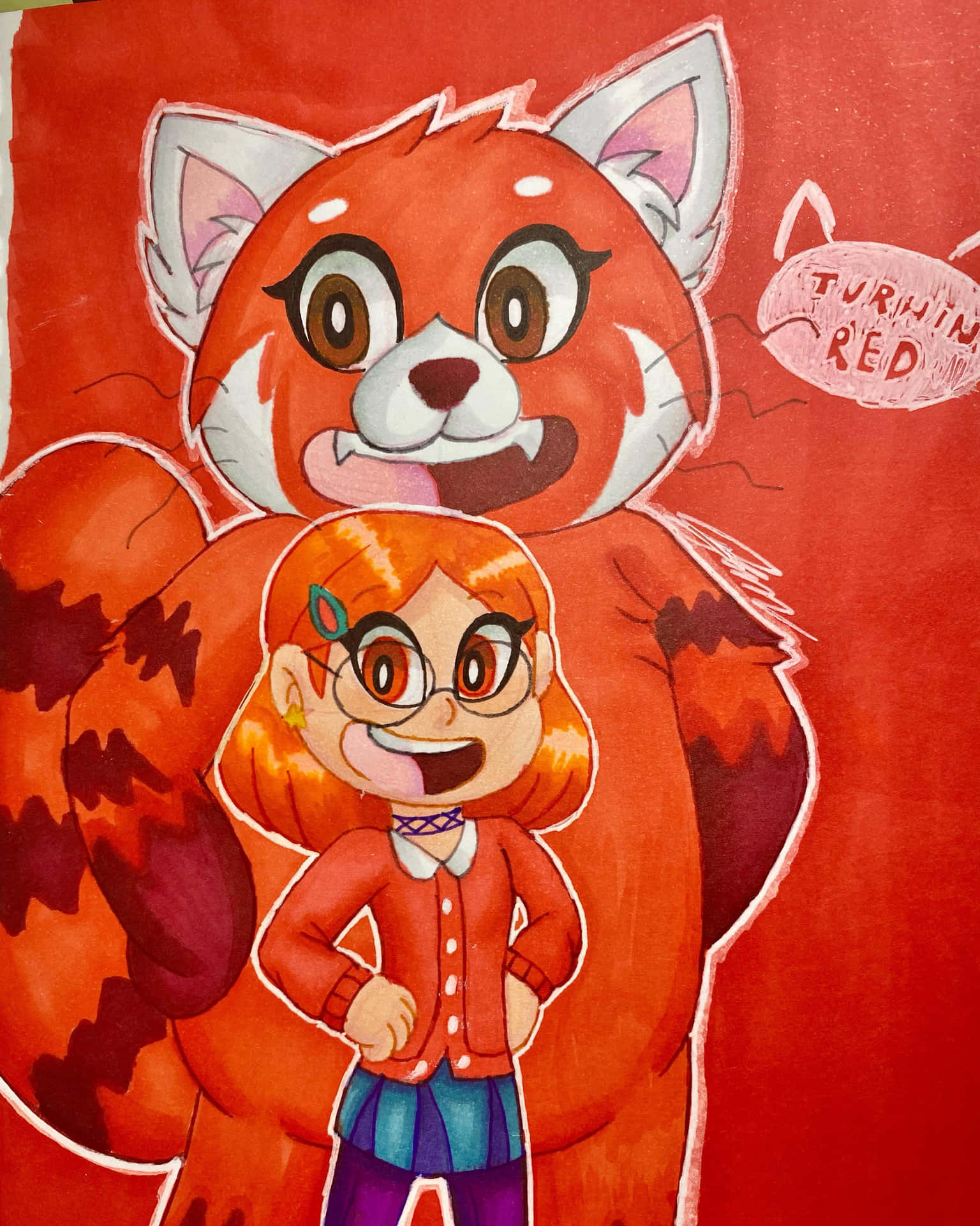 A Drawing Of A Girl And A Red Panda