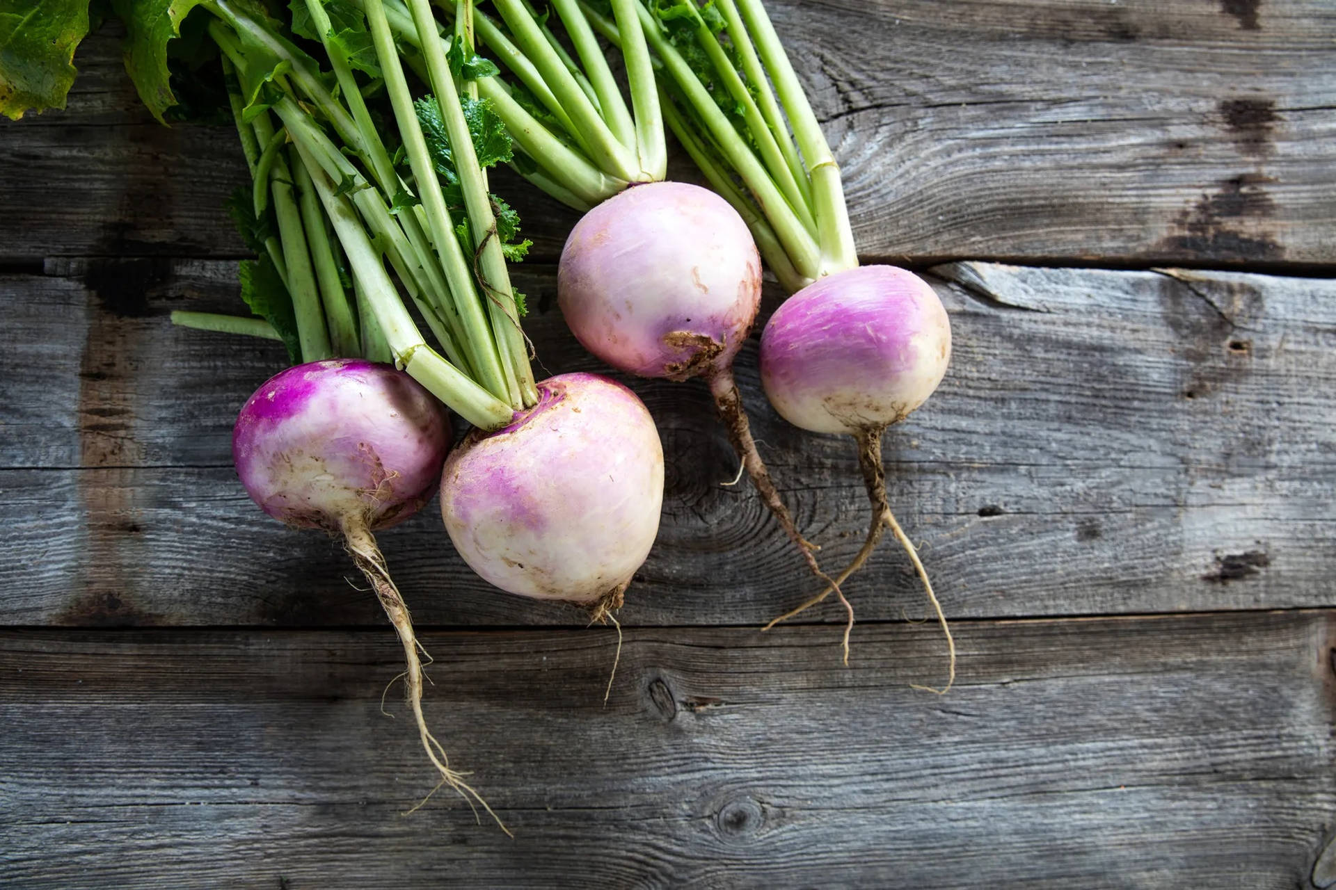Fresh turnips on a rustic wooden surface Wallpaper