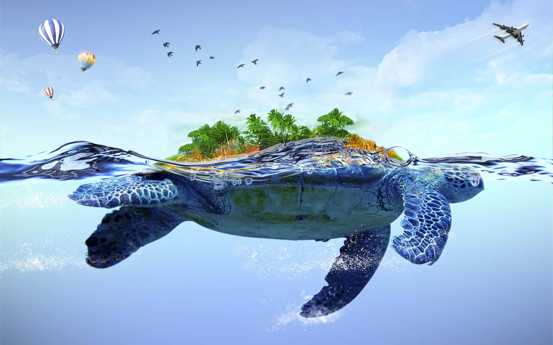 a turtle swimming in the ocean with a tree and balloons