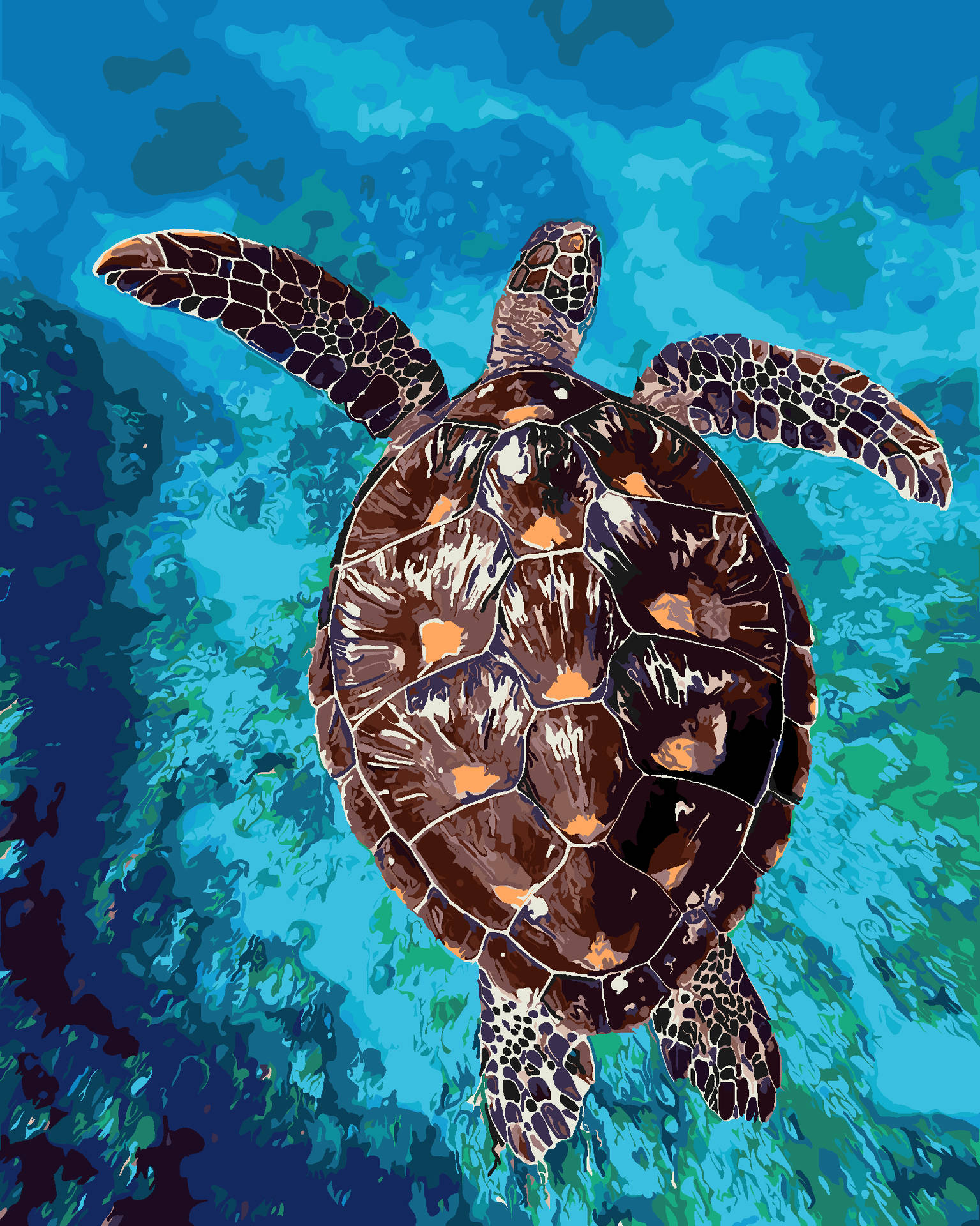 Skildpadde Svømmer I Blå Vand Maling Kunst Mønster Wallpaper