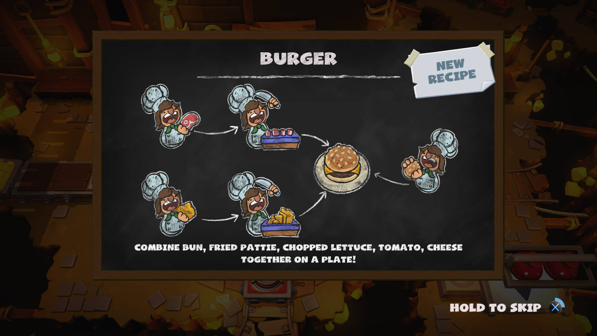Overcooked Game Tutorial Wallpaper — A chalkboard in a game shows cartoon chefs assembling a burger with ingredients listed below.