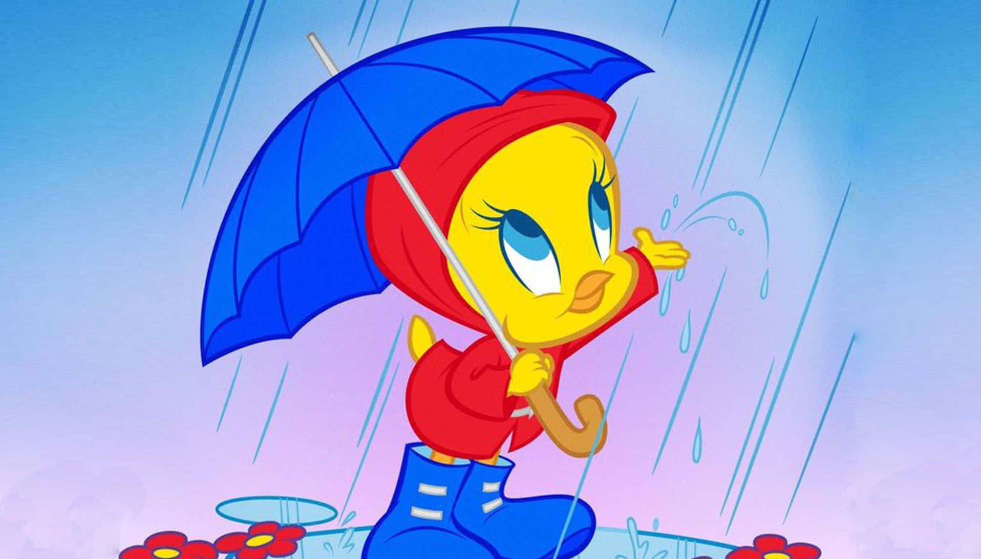 A Cartoon Duck Holding An Umbrella In The Rain