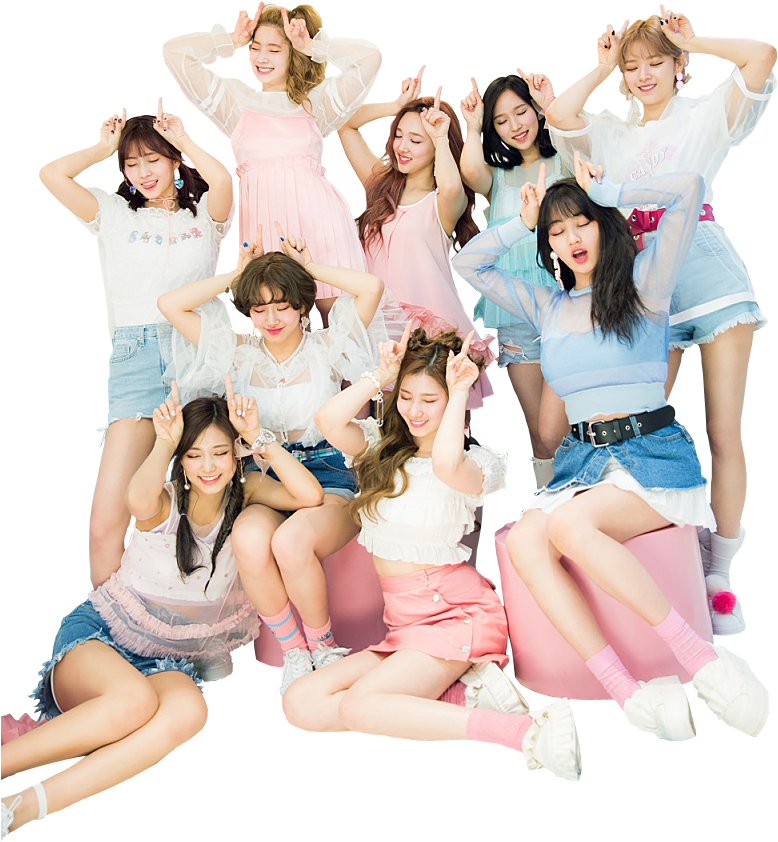 Twice Kpop Group Pose Cheerful Outfits PNG