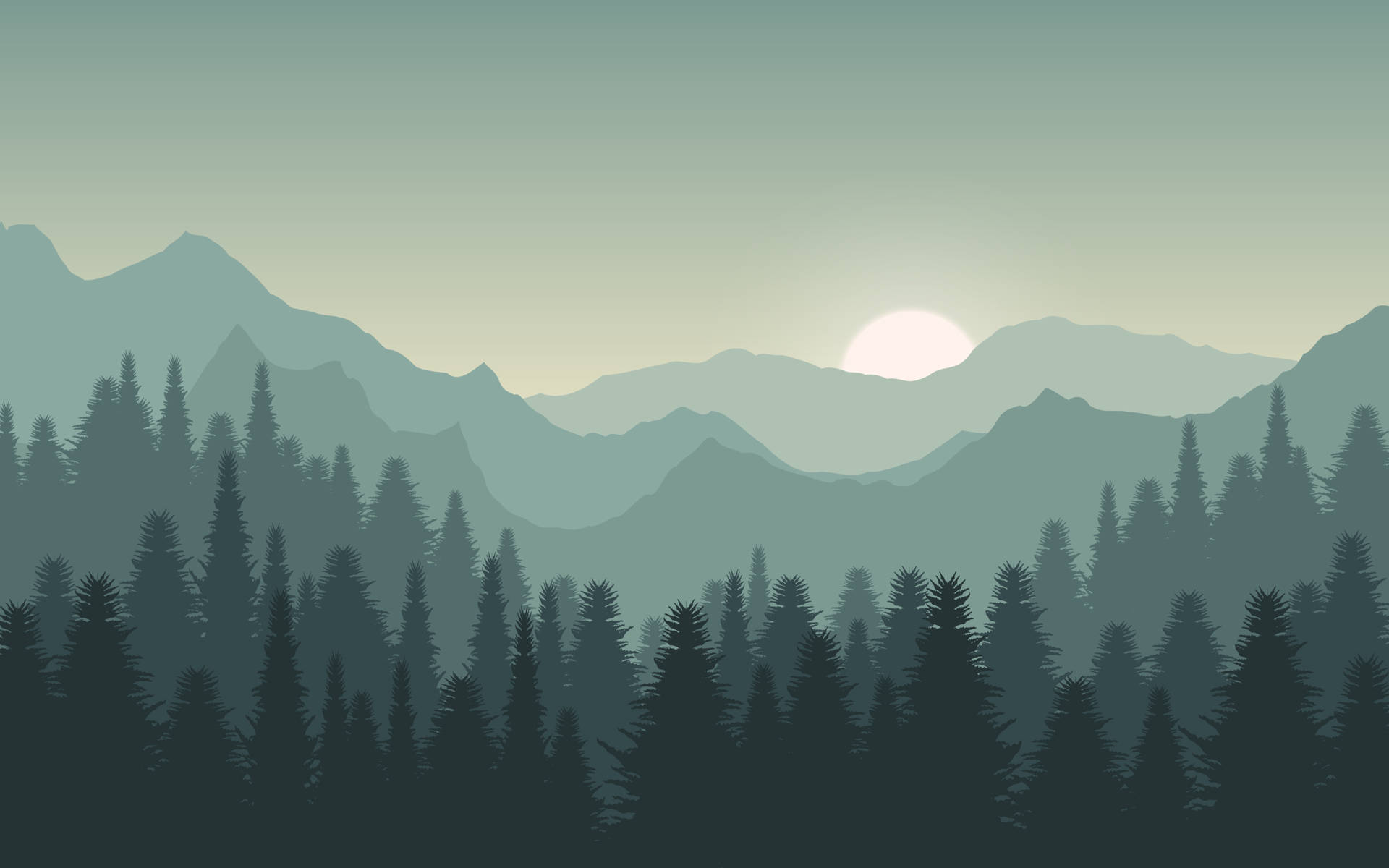 A Mountain Landscape With Trees And Sun Wallpaper