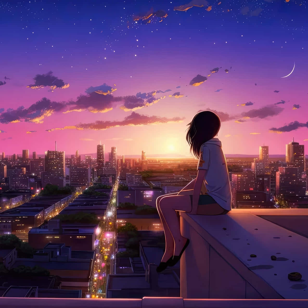 Twilight_ Cityscape_with_ Girl Wallpaper