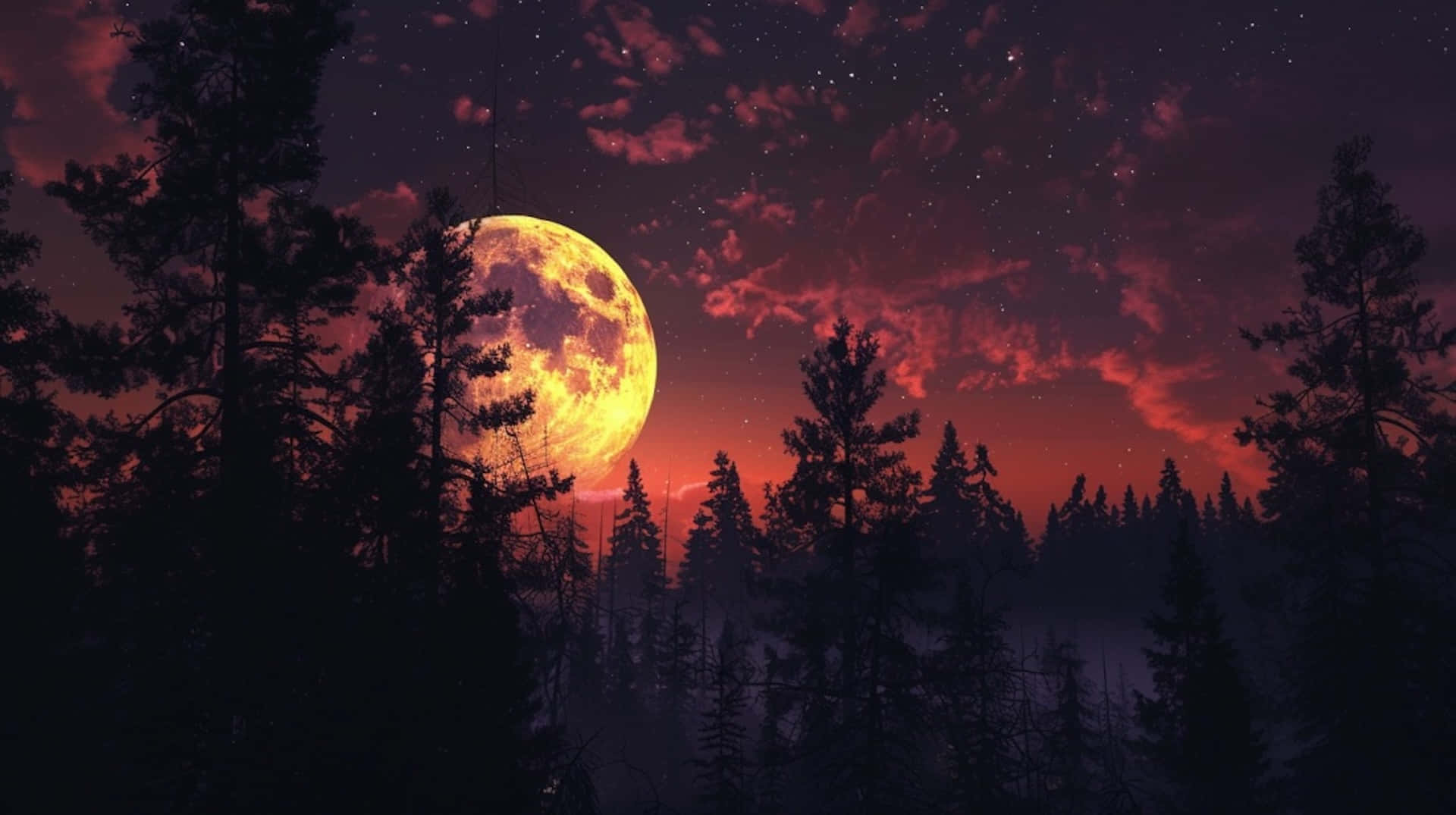 Twilight Moonset Over Forest Wallpaper