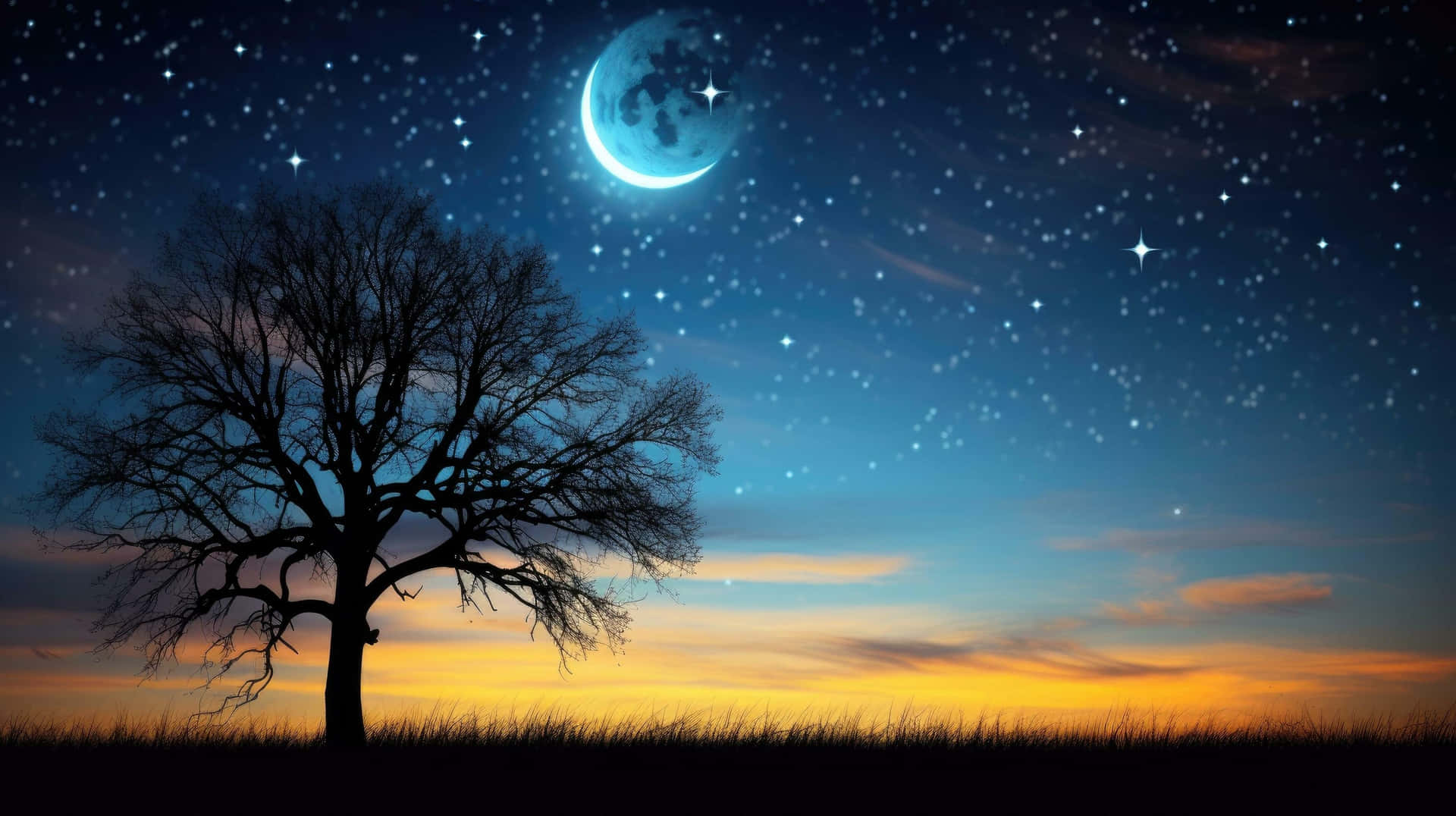 Twilight Silhouette Under Crescent Moon Wallpaper