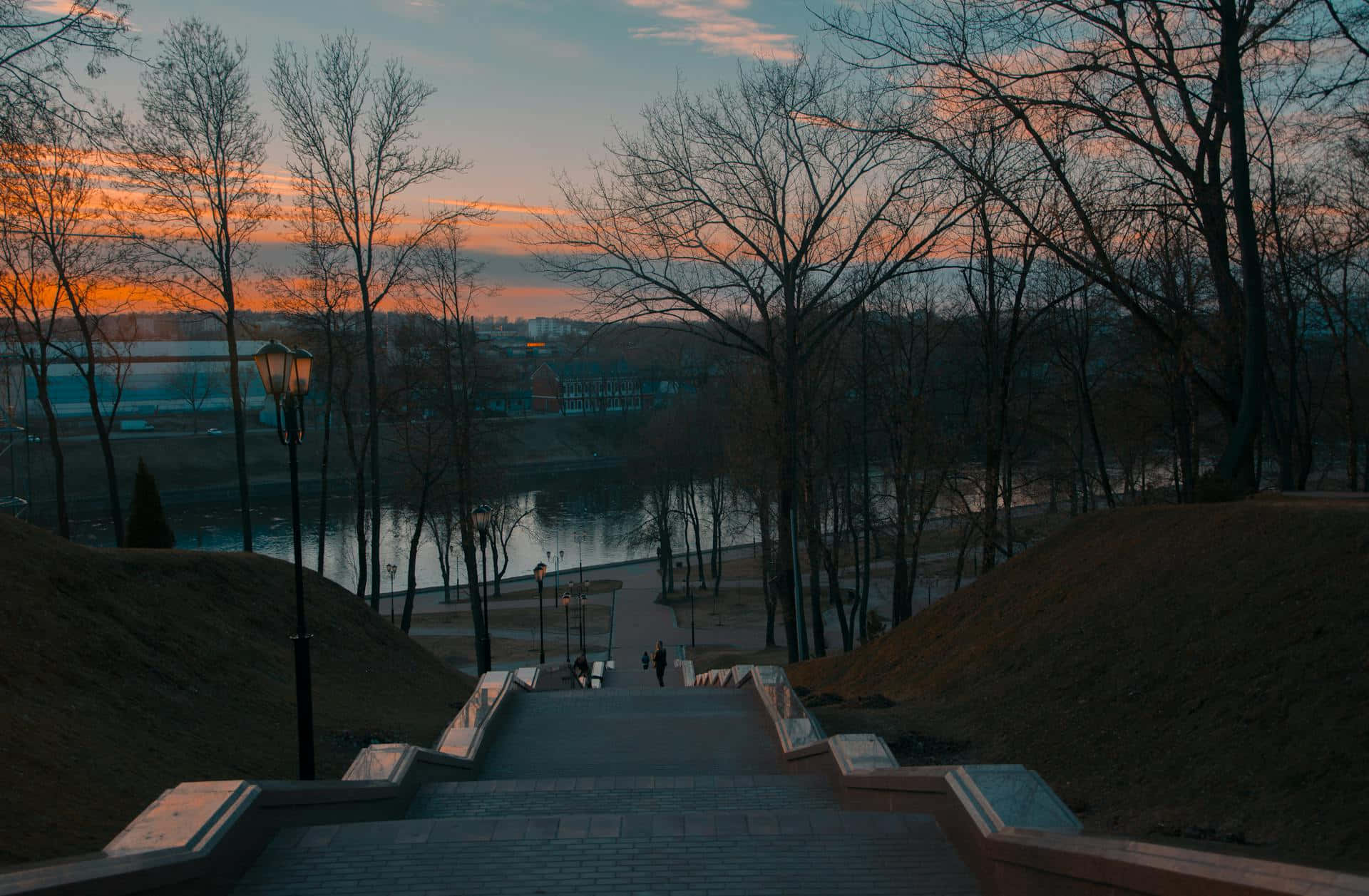 Twilight Stairs Park River View Wallpaper