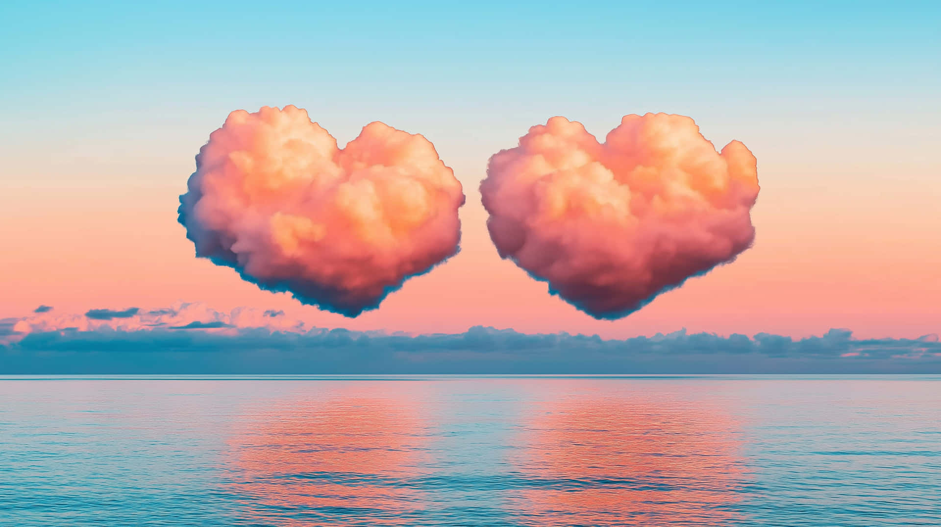 Twin Heart Clouds Reflecting On Ocean At Golden Hour Wallpaper