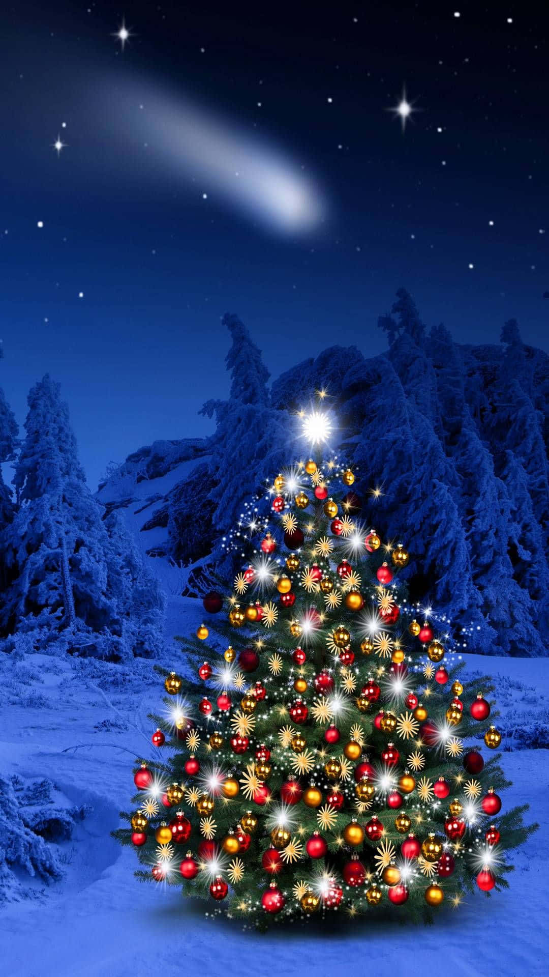 Twinkling Christmas Tree Winter Night Wallpaper