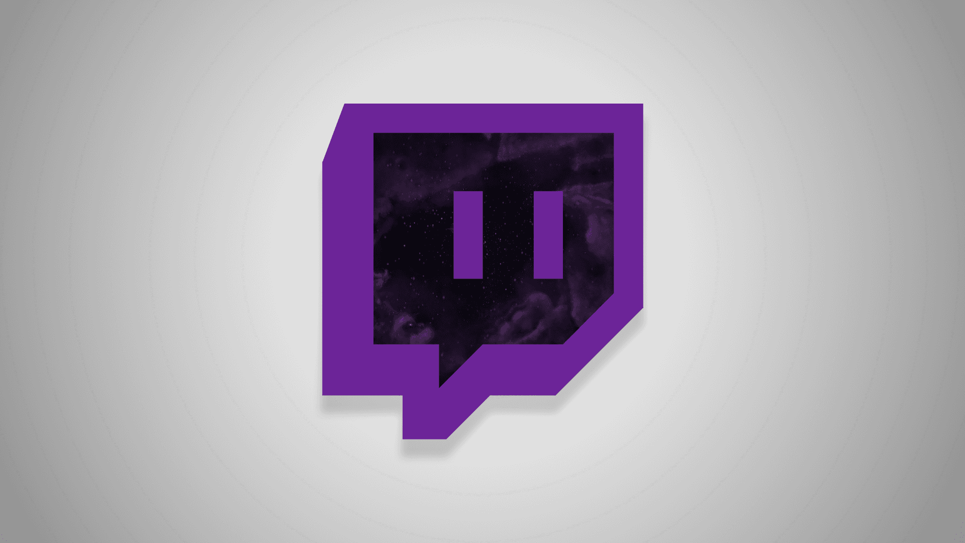 Connect with your favorite streamers on Twitch Background — A bold purple Twitch logo with a cosmic nebula inside, set against a soft gray gradient background.