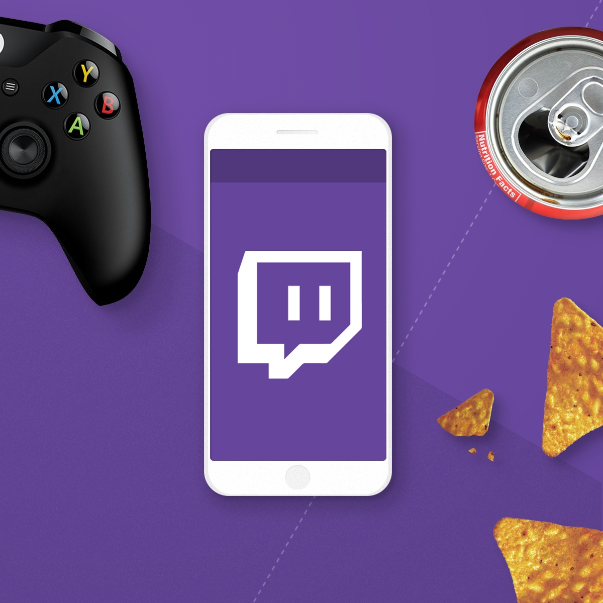 Stream with the Best on Twitch Background — A smartphone displaying the Twitch logo sits centered on a purple surface surrounded by a gaming controller, open soda can, and tortilla chips.
