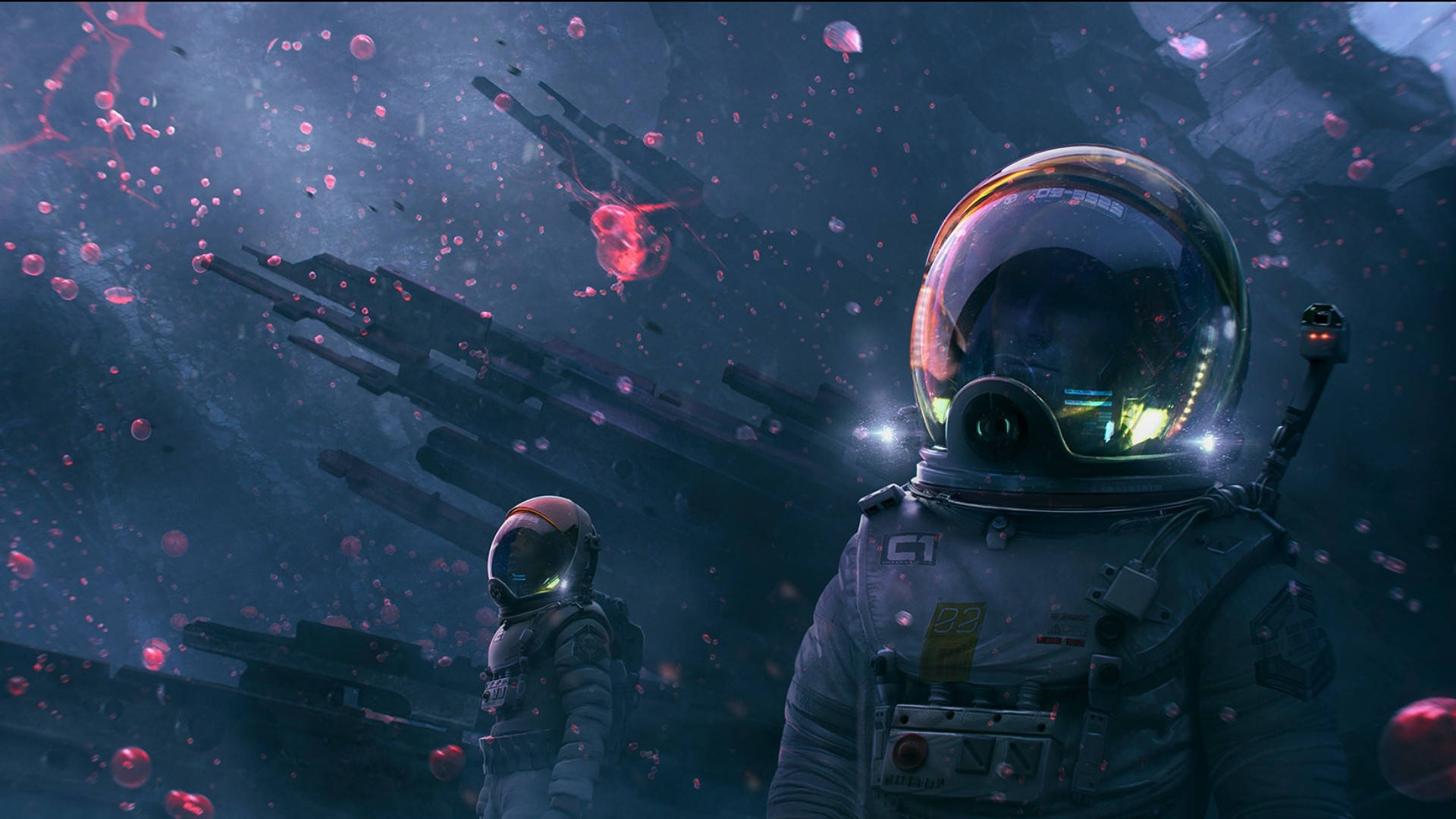 Two Astronaut In Unknown Dark Planet Wallpaper