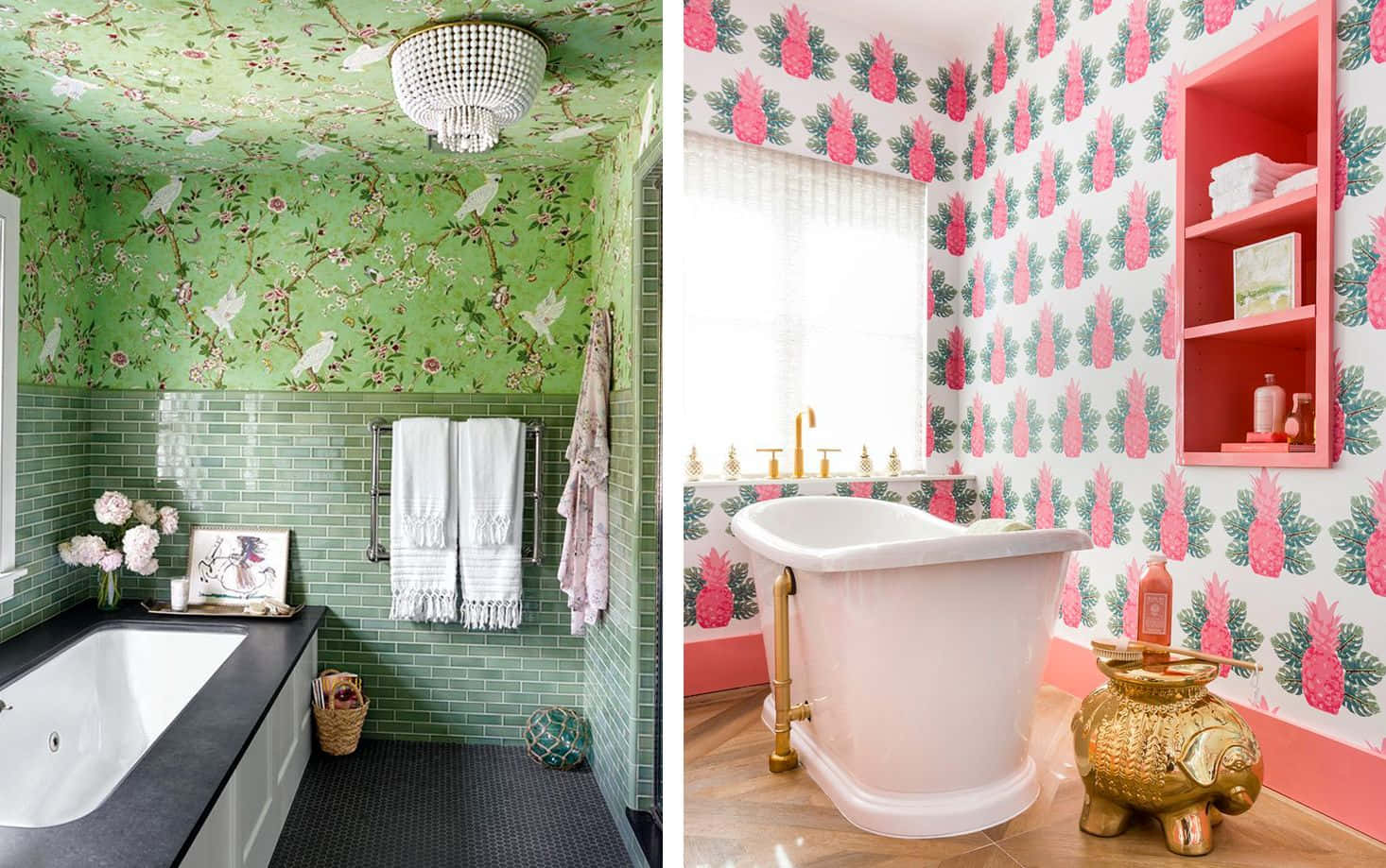 To forskellige badeværelser, grønne og Pink vægge Wallpaper