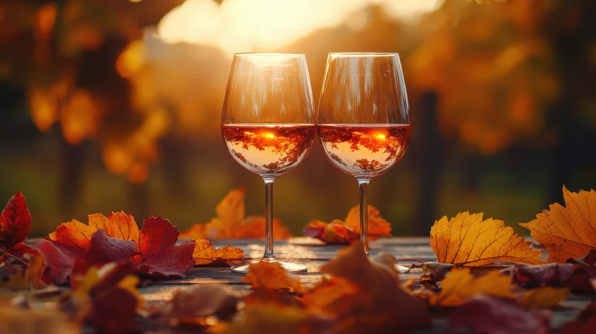 Two Elegant Wine Glasses Filled With Rosé Wine, Reflecting Warm Autumn Leaves And Golden Sunlight Wallpaper