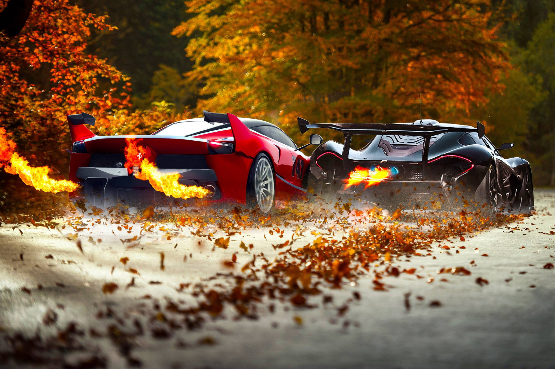 To Ferrari Fire Biler På Efterårsvej Wallpaper