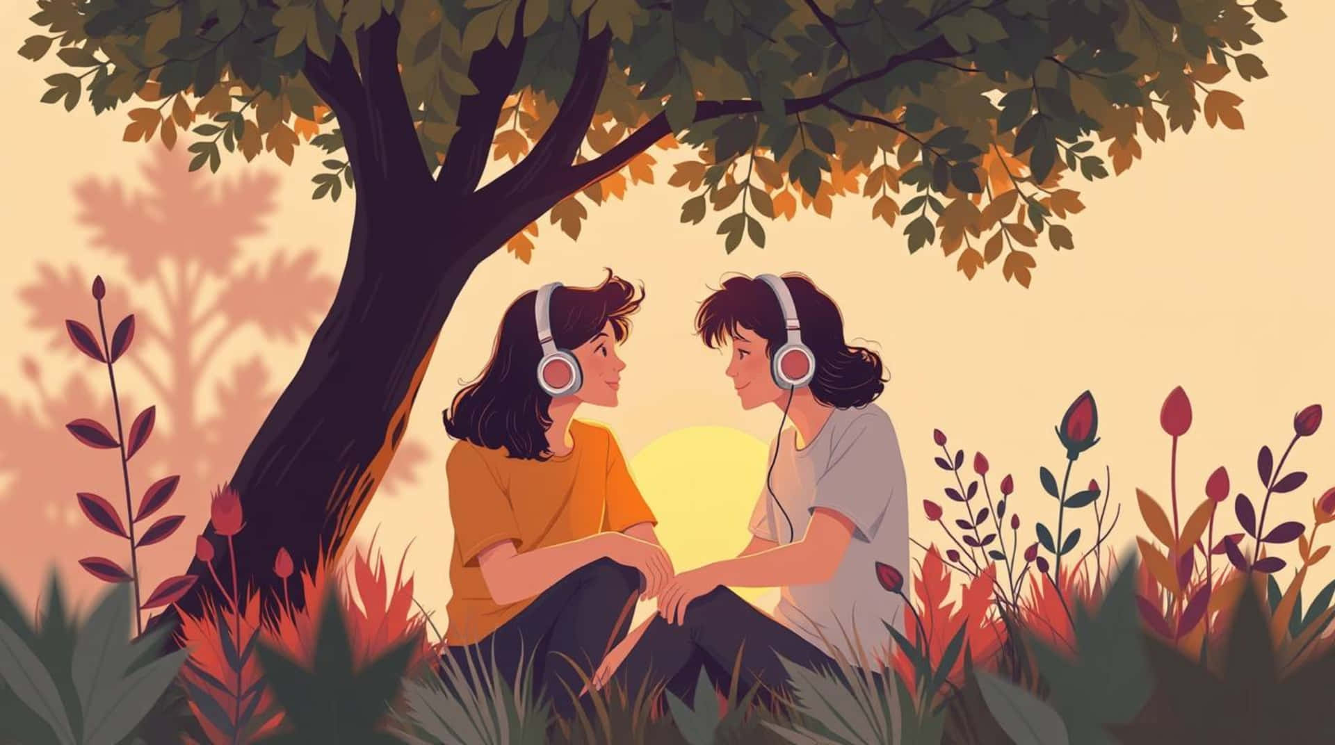 Two Friends Sharing Headphones, Enjoying Music Together Under A Tree In A Peaceful Outdoor Setting. Wallpaper