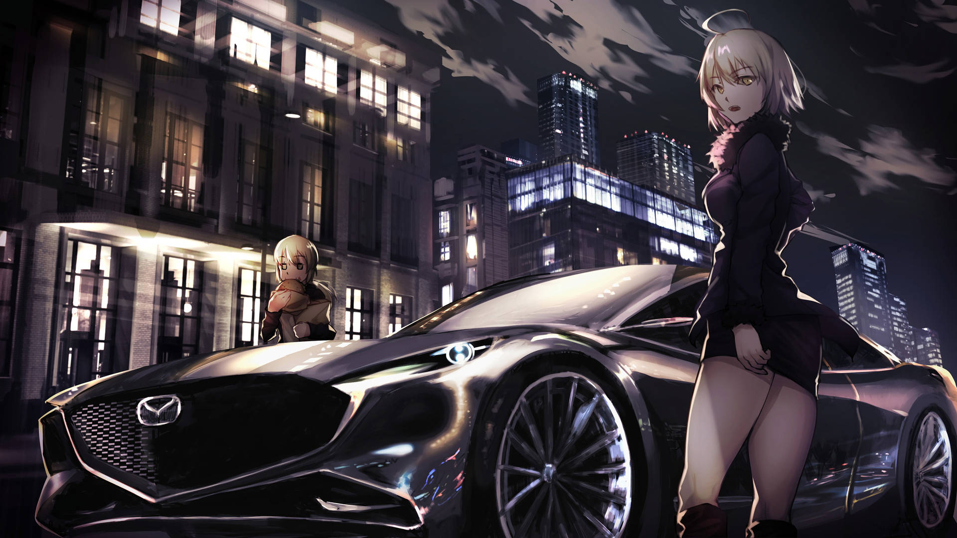 Two Girls And A Mazda Car Anime Wallpaper