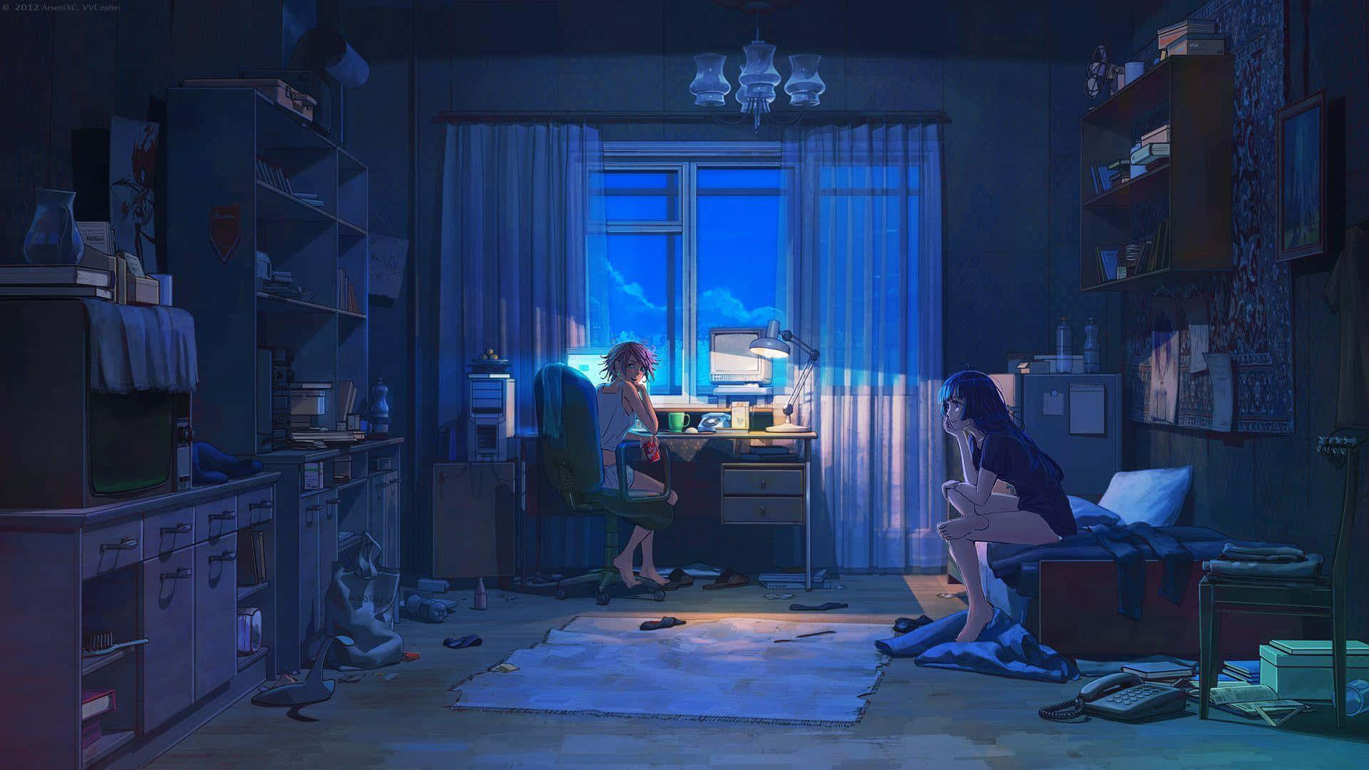 Zweimädchen Entspannen Sich Zusammen - Lofi Anime. Wallpaper