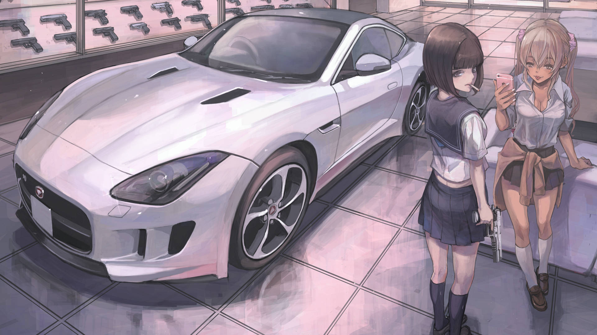 Zweimädchen Neben Weißem Auto Anime Wallpaper