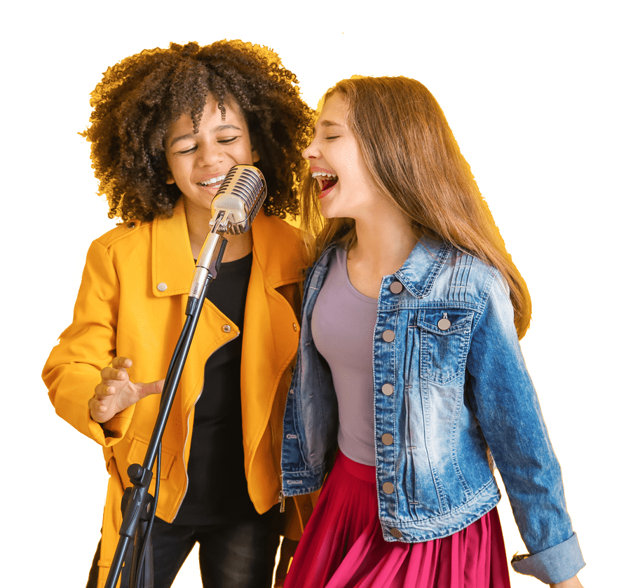 Two Girls Singing Into Microphone PNG