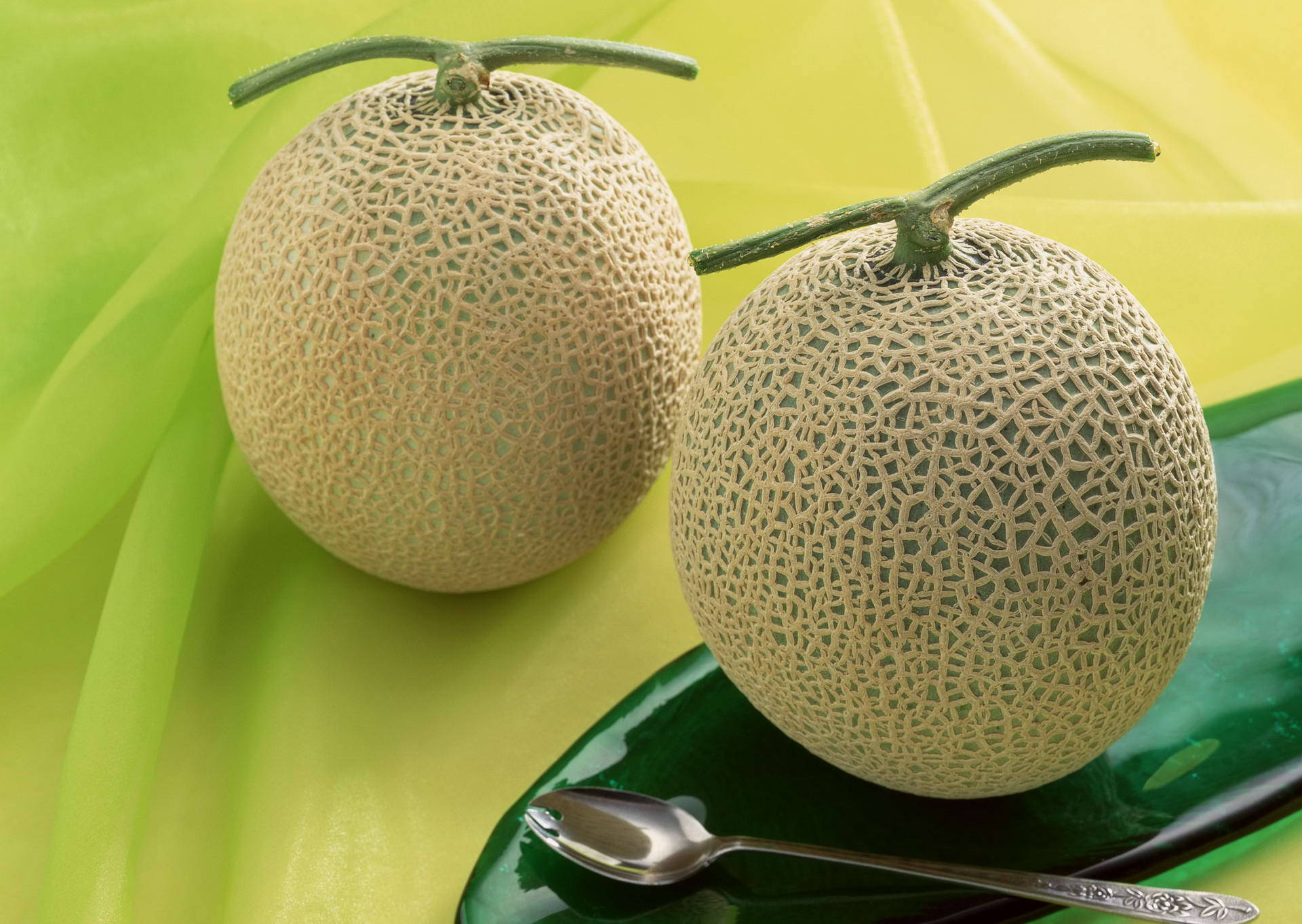 Two Honeydew Melons Green Surface Wallpaper