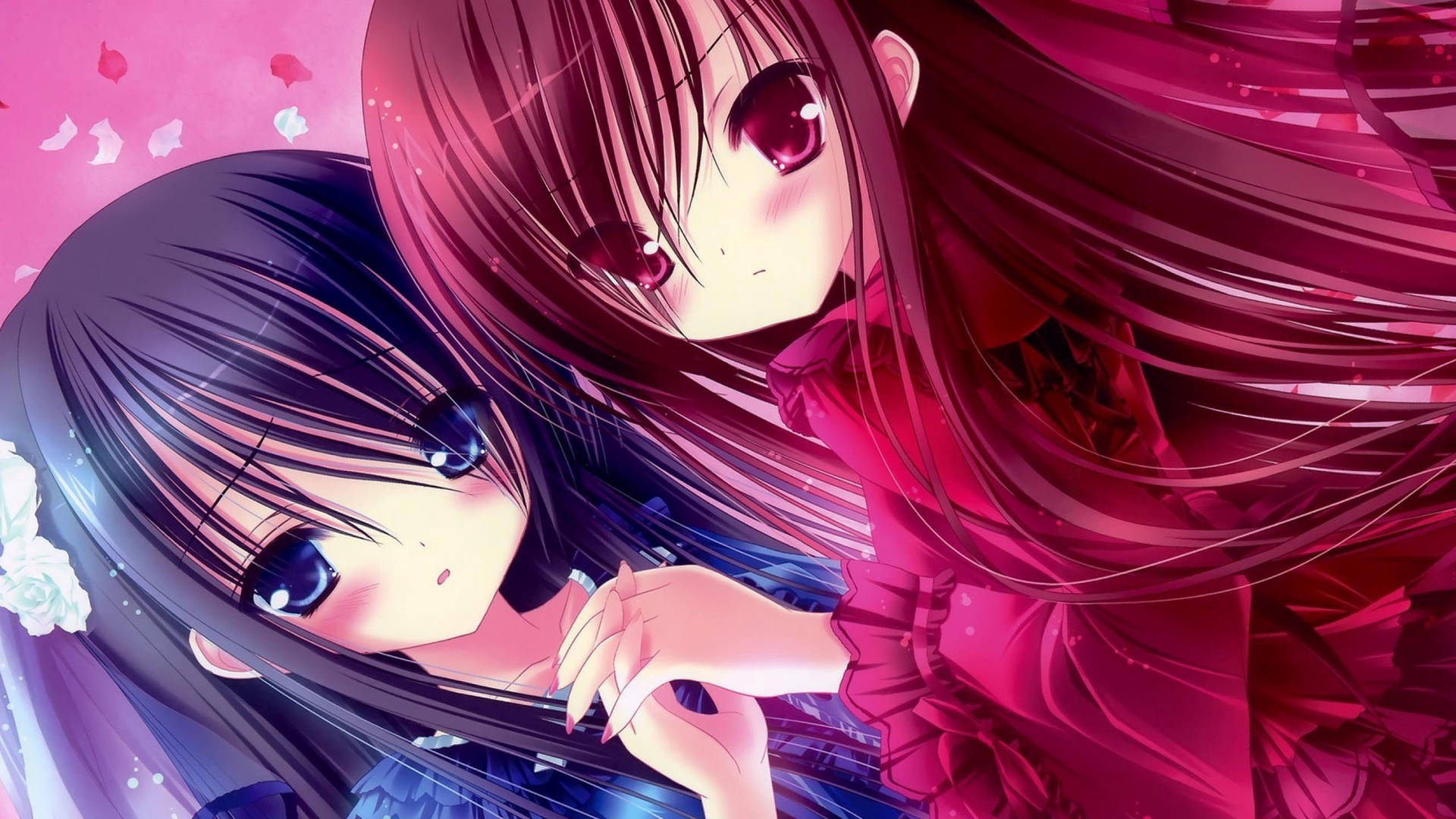 Two Kawaii Anime Girls Blue And Red Wallpaper