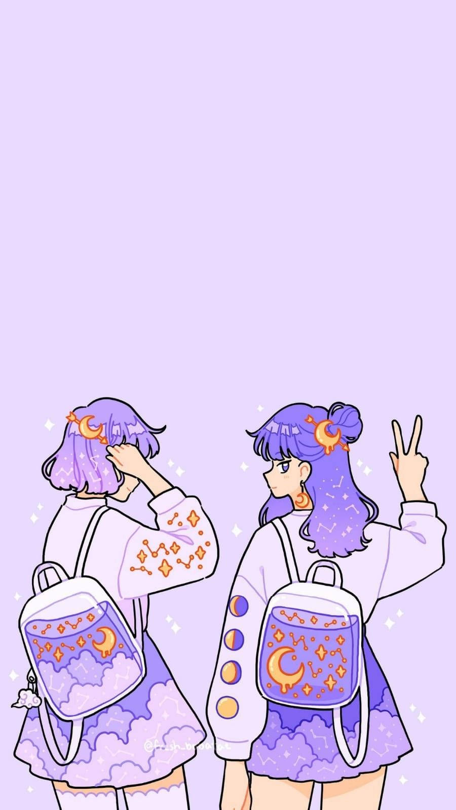 Two Kawaii Purple Girls Wallpaper