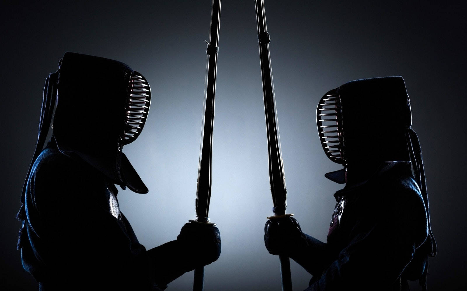 Two Kendo Warriors Competing with Shinai Under a Dark Sky Wallpaper