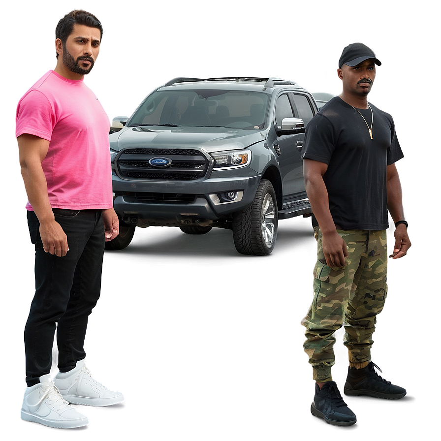 Two Men Standing Beside Ford Truck PNG