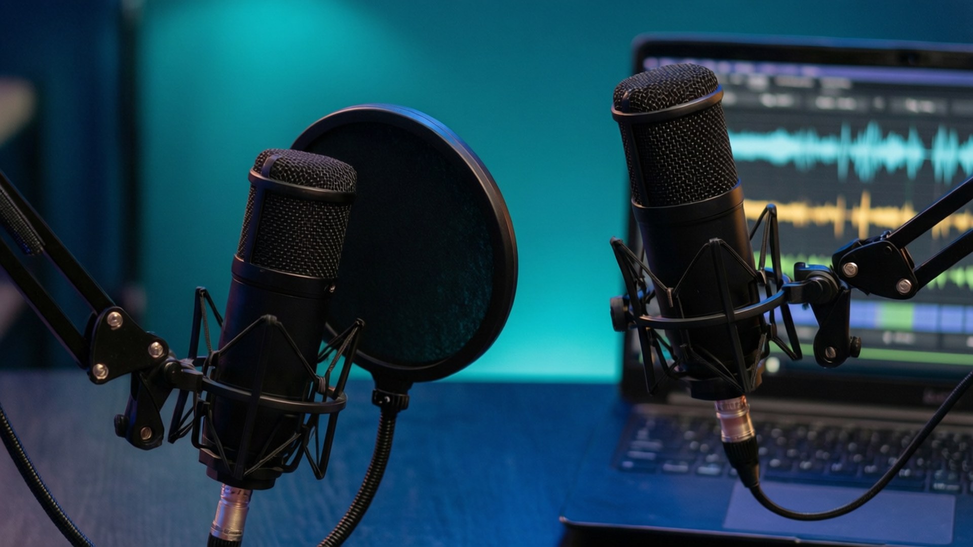 Dual microphones recording setup with laptop and blue lighting.