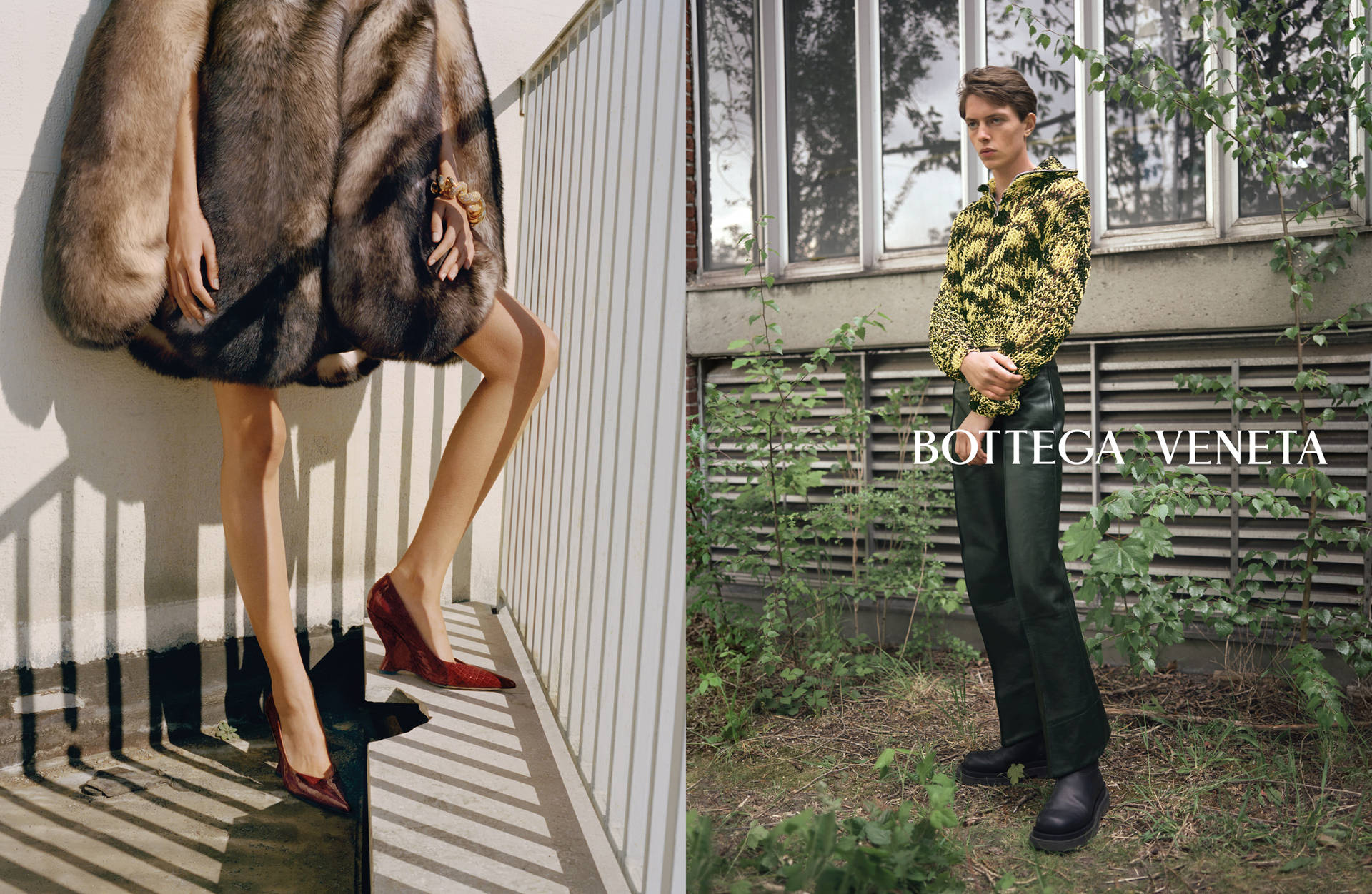 Two Photos Of Bottega Veneta Fashion Models Background