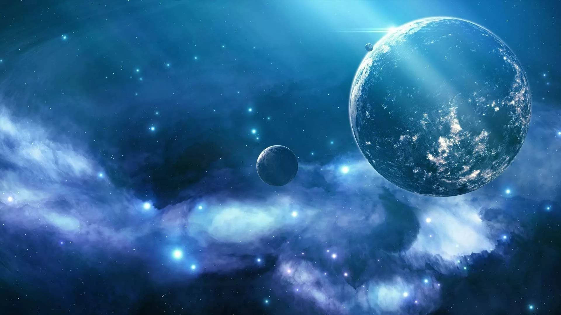 Two Planets In Blue Galaxy Background Wallpaper