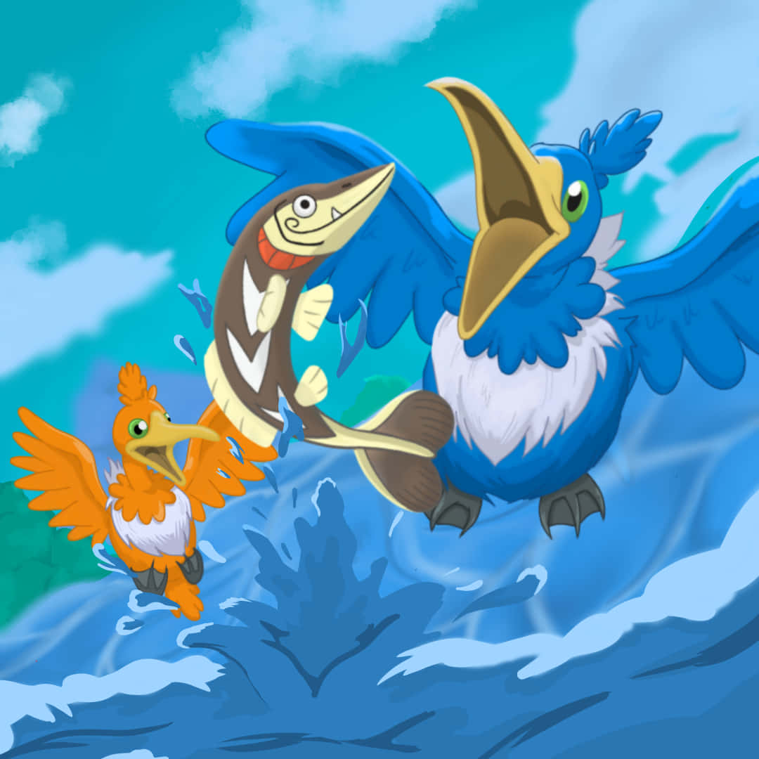 Two Pokémon Cramorant With Fish Wallpaper
