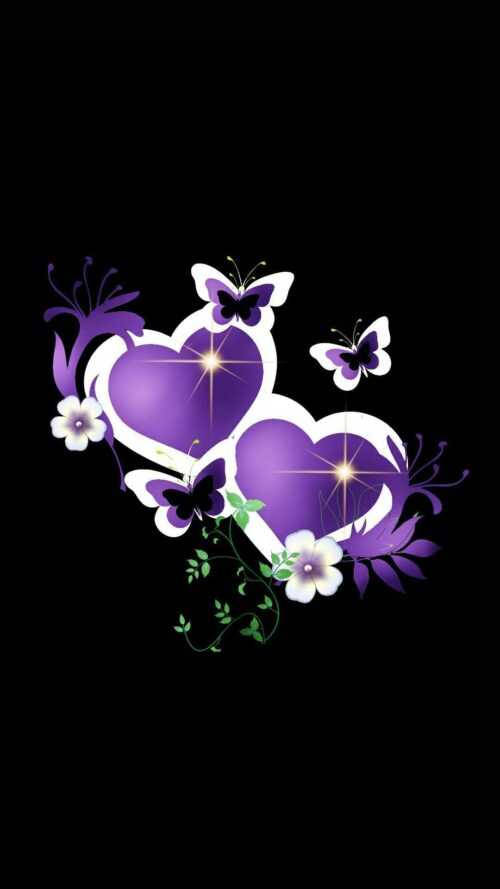 Two Purple Hearts, Butterflies, Flowers And Leaves Wallpaper