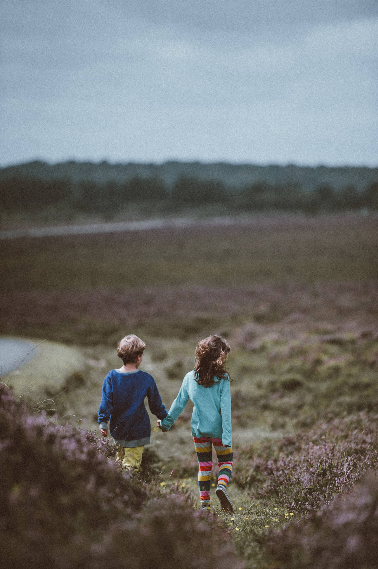 Two Walking Children In A Field Wallpaper