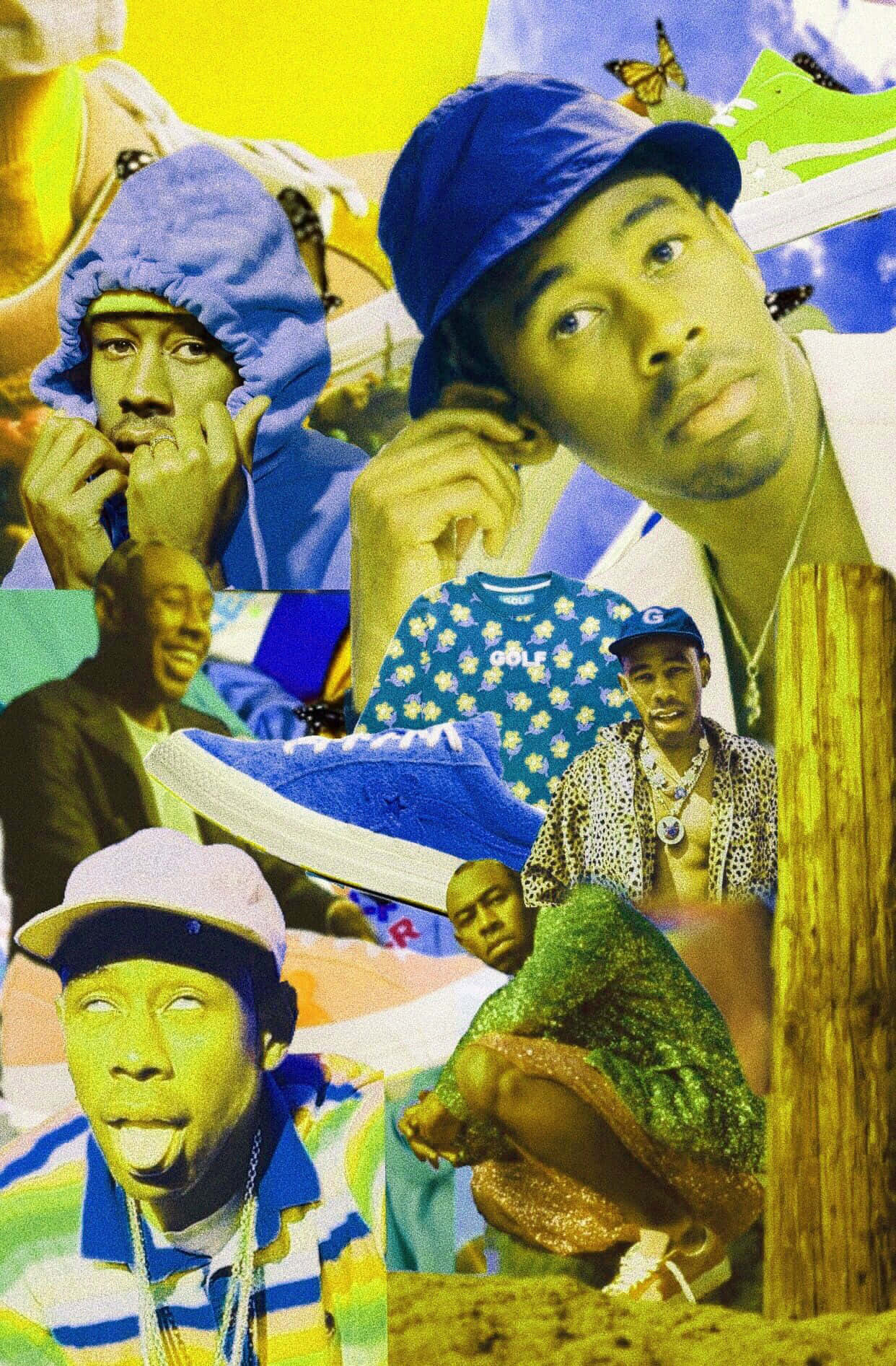 A three-angle portrait of the exuberant American rapper, singer, songwriter and producer, Tyler The Creator. Wallpaper