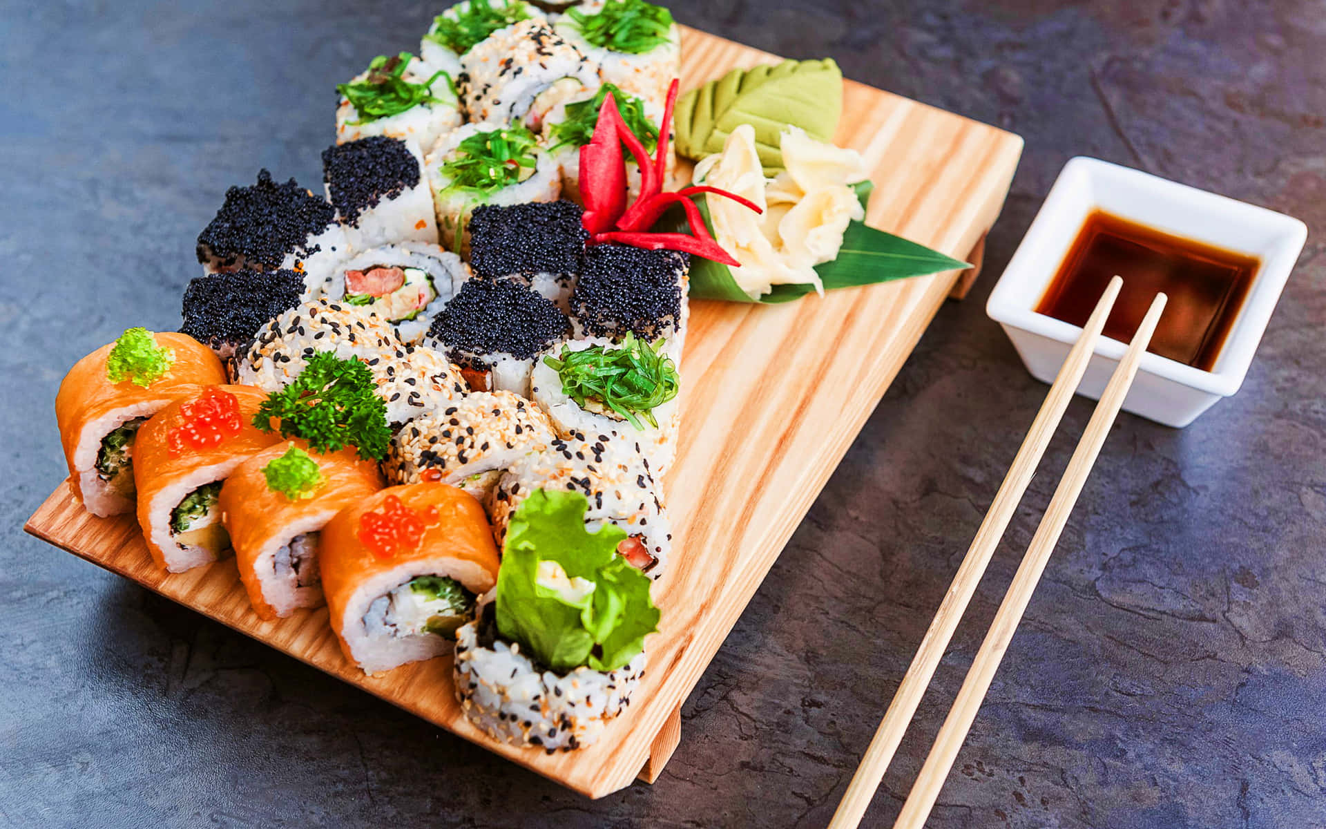 Types Of Sushi On Wood Platter Picture