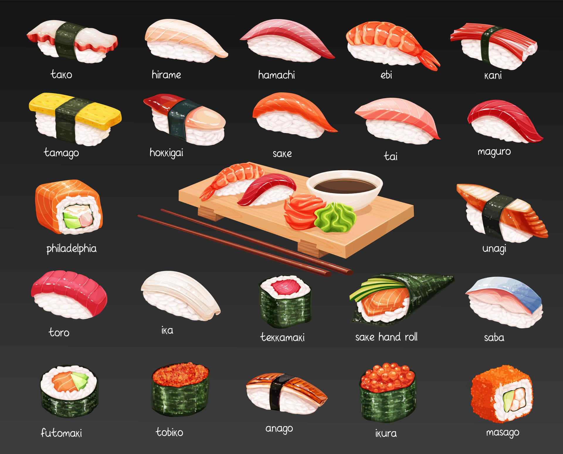 sushi icons set of different types of sushi