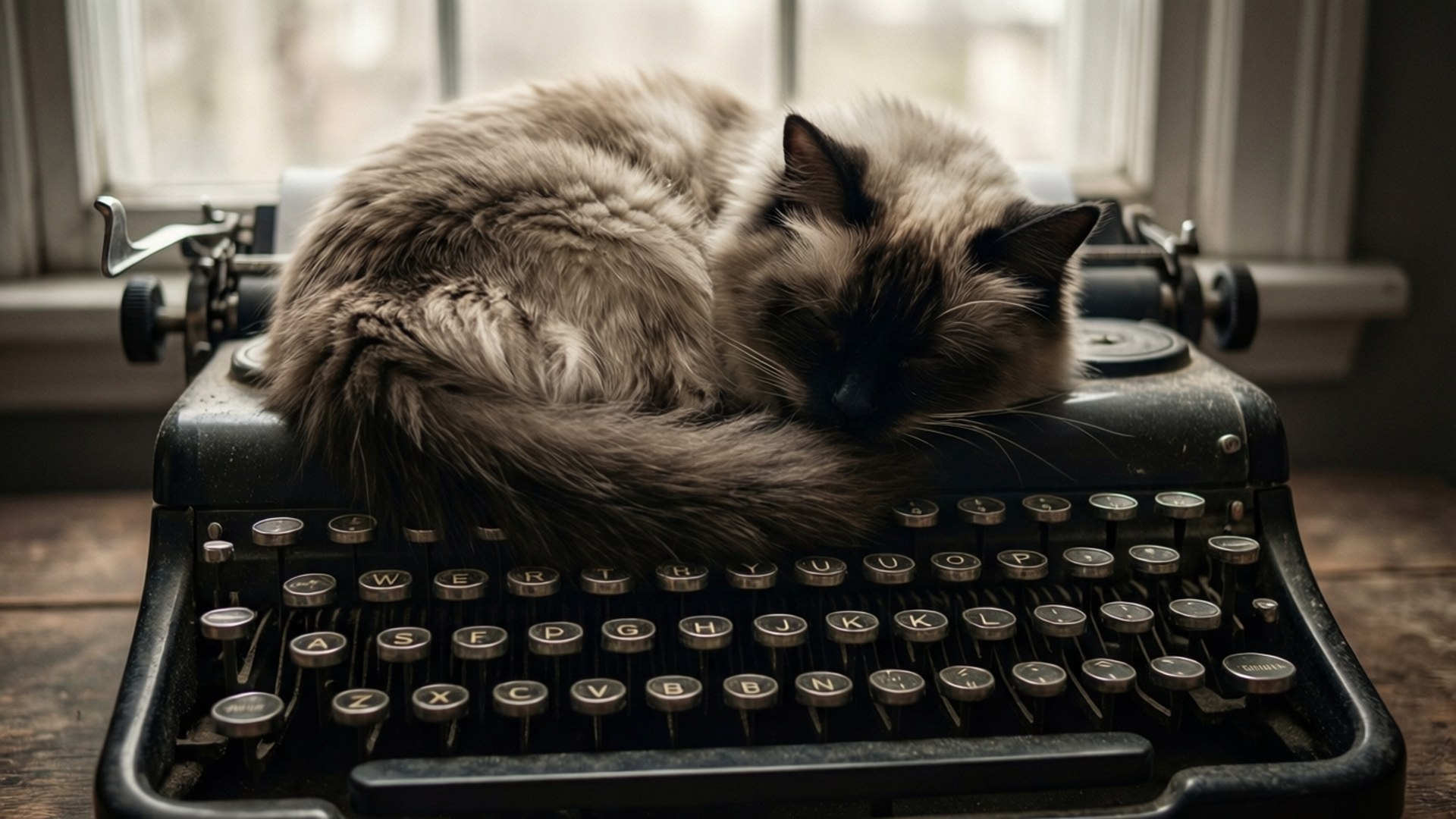 En Ragdoll-katt som sover på en vintage skrivemaskin under mykt vinduslys.